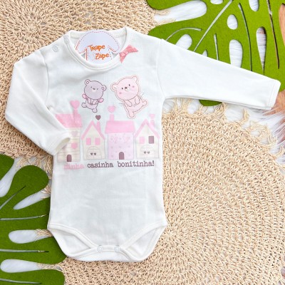 Kit 3 Peças - Bodys Manga Longa - Ursinhas Fadinhas - Rosa, Off White e Rose